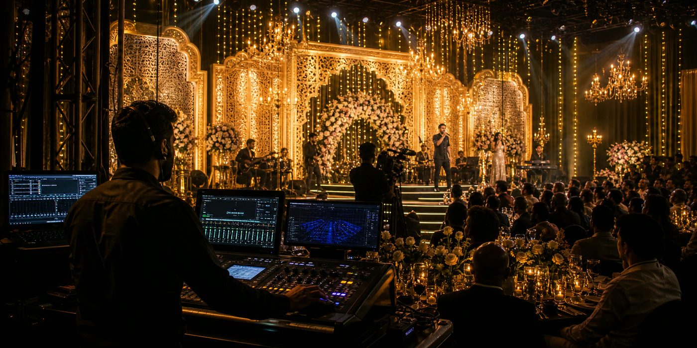 Live event being managed from a control position while performers are on stage