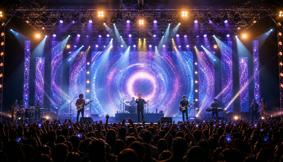 Large-format concert stage with live band, screens and lighting production