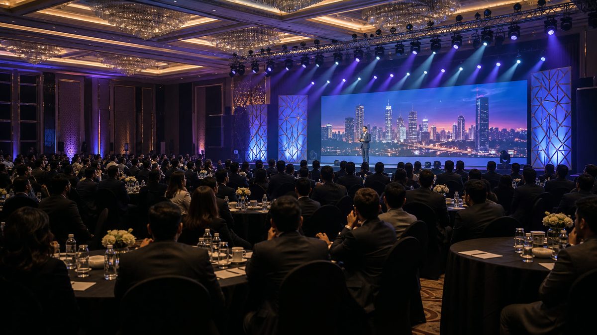 Corporate gala stage setup with audience seating and performance lighting