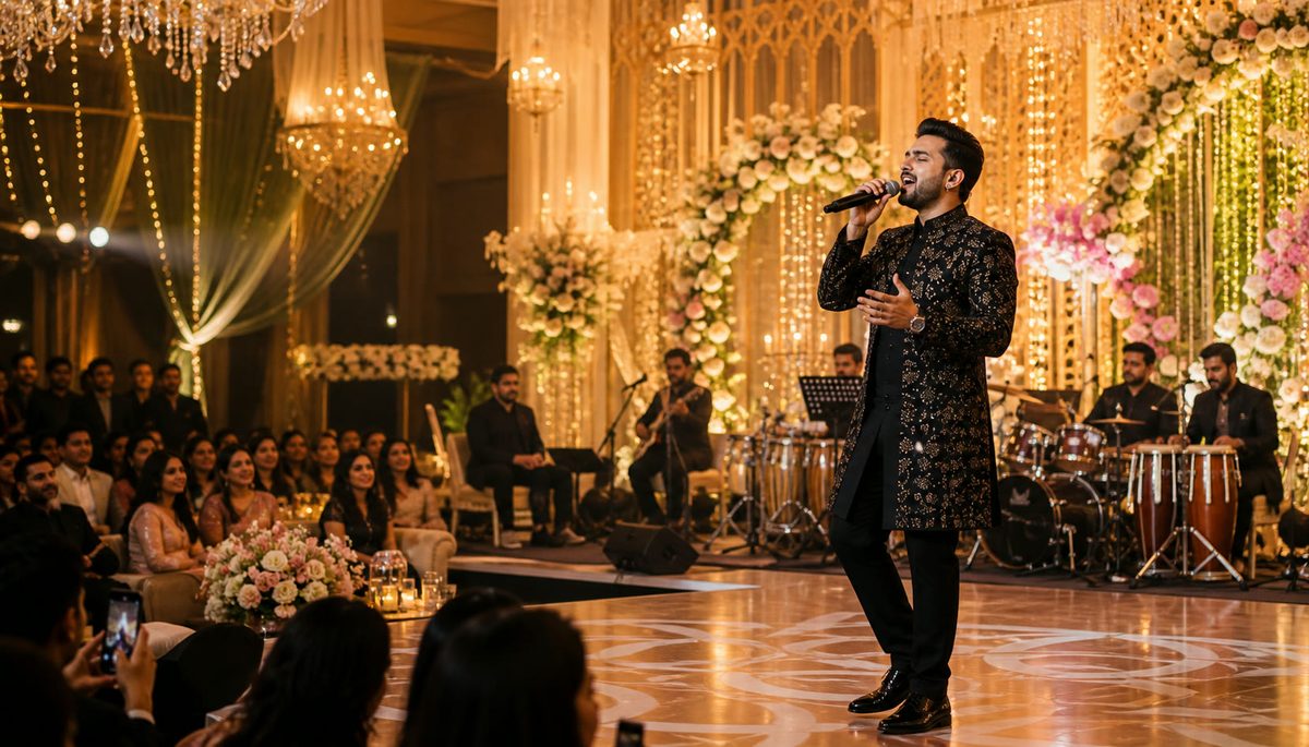 Live wedding singer performing at a premium sangeet celebration